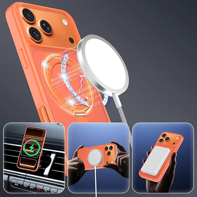 Ultra-Magnetic Stand for iPhone 17 Pro Case [Military Drop Protection] [Compatible with MagSafe] Shockproof Translucent Matte Slim Ring Holder Case for iPhone 17 Pro (Orange)
