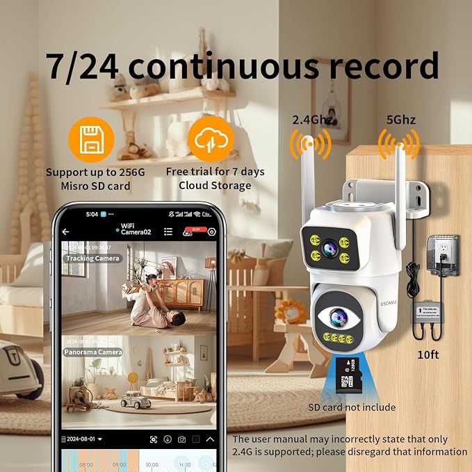 Dual Lens Security Camera Outdoor,WiFi Camera for Home Security,Home Survaillance Outdoor,PTZ,2-Way Audio, Auto Tracking,Night Vision,24/7 Continous Record,IP65 Weather Proof