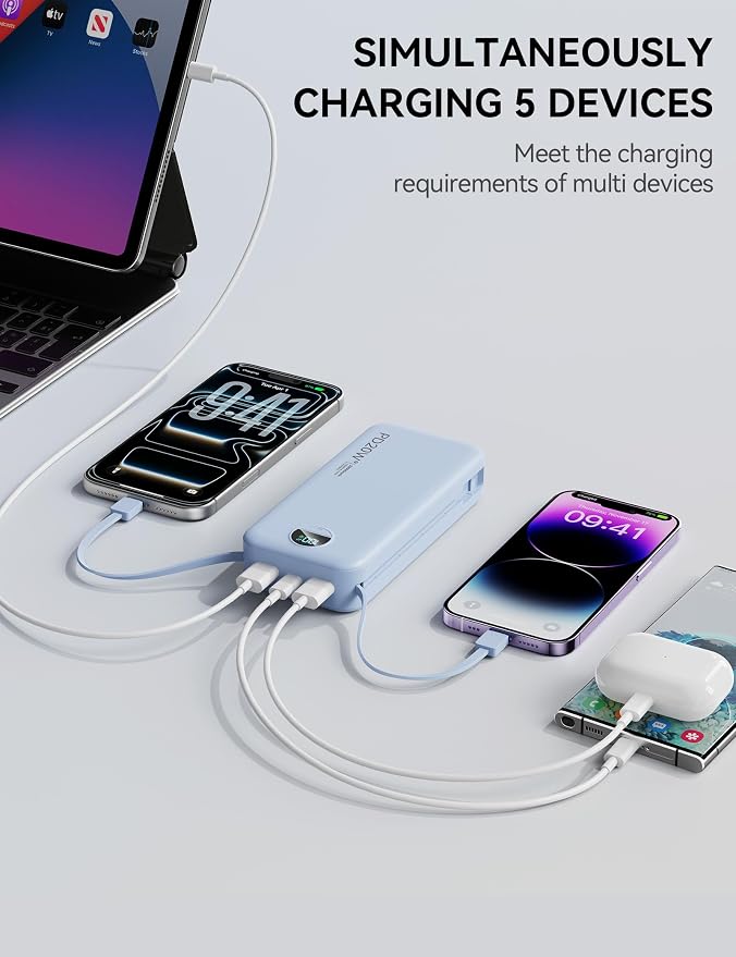 Nusyddy Portable Charger 20000mAh PD20W w/Built-in Cables & Wall Plug Blue | PD20W Fast Charging, High Capacity, LED Display, Charge 5 Devices at once, TSA Approved, Compatible with iPhone/iPad/Samsung