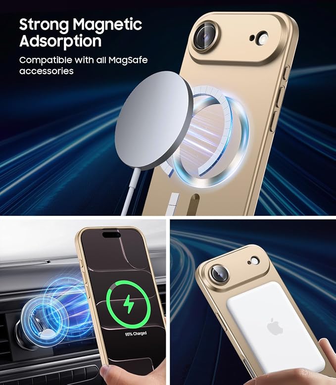 Magnetic for iPhone Air Case, Compatible with MagSafe, Built-in Camera Lens Protector, Slim Thin Soft Silicone Bumper Shockproof Metallic Luster Phone Case for iPhone 17 Air (Gold)