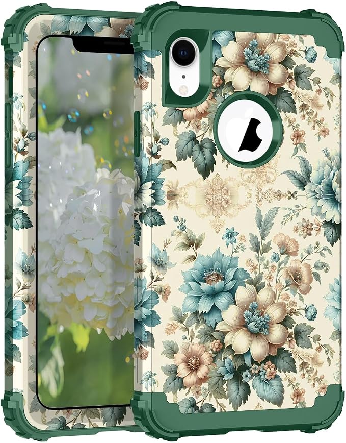 Hocase for iPhone XR Case, Heavy Duty Shockproof Protection Soft Silicone Rubber+Hard Plastic Bumper Hybrid Dual Layer Protective Case for iPhone XR (6.1" Display) 2018 - Teal Blue Flowers