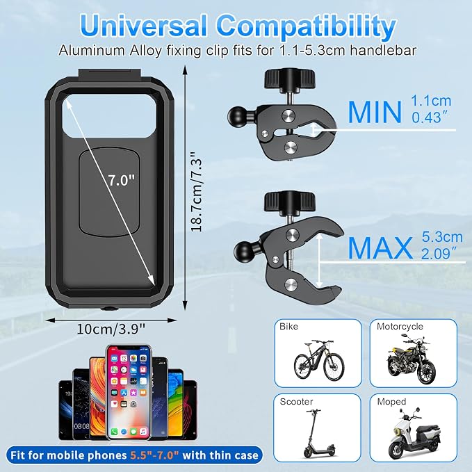 Bike Phone Holder Waterproof Motorcycle Phone Mount Holder Handlebar 360°Rotate Touch Screen Bicycle Cell Phone Holder, Anti-Shake Scooter Stroller Ebike Golf Cart Phone Clip for 5.5-7" Smartphone