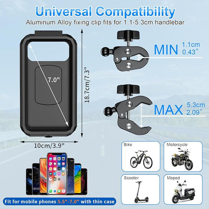 Bike Phone Holder Waterproof Motorcycle Phone Mount Holder Handlebar 360°Rotate Touch Screen Bicycle Cell Phone Holder, Anti-Shake Scooter Stroller Ebike Golf Cart Phone Clip for 5.5-7" Smartphone
