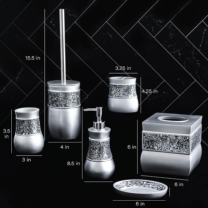Creative Scents Crackled Glass Silver Bathroom Accessories Set - 6 Piece Bathroom Set Includes: Toilet Brush and Holder Set, Tissue Box Cover, Toothbrush Holder, Soap Dispenser, Soap Dish & Tumbler