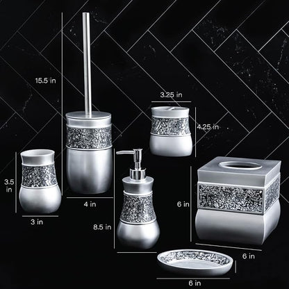 Creative Scents Crackled Glass Silver Bathroom Accessories Set - 6 Piece Bathroom Set Includes: Toilet Brush and Holder Set, Tissue Box Cover, Toothbrush Holder, Soap Dispenser, Soap Dish & Tumbler