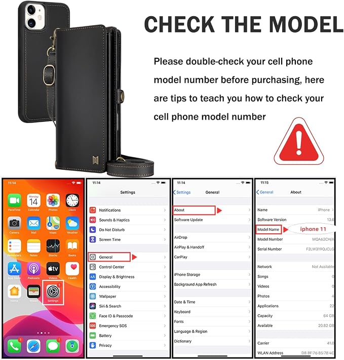 for Wallet Case Compatible with iPhone 11,Multi-Function Detachable 2 in 1 Magnetic iPhone 11 Case Wallet,Flip Strap Zipper Card Holder Phone Case with Shoulder Straps (Black)