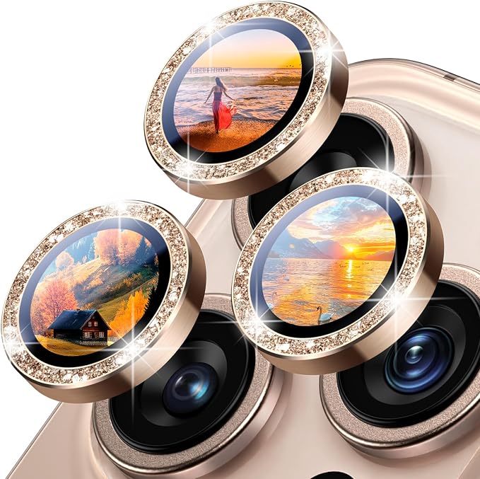 Uyiton for Bling iPhone 16 Pro Max / 16 Pro / 14 Pro Max / 14 Pro Camera Lens Protector - Not Easy to Break Strong Adsorption Individual Metal Tempered Glass Rear Camera Screen Cover - Glitter Titanium Desert