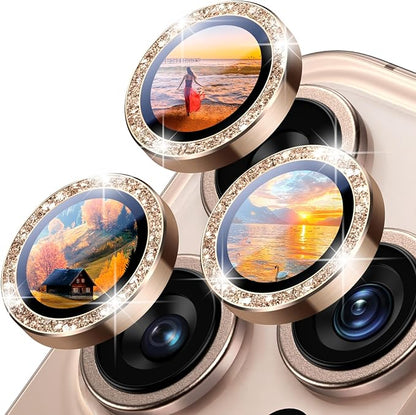 Uyiton for Bling iPhone 16 Pro Max / 16 Pro / 14 Pro Max / 14 Pro Camera Lens Protector - Not Easy to Break Strong Adsorption Individual Metal Tempered Glass Rear Camera Screen Cover - Glitter Titanium Desert