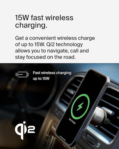 Belkin MagSafe-Compatible Wireless Car Charger 15W, Fast Charging Wireless Charger - Powerful Magnetic Vent Holder for iPhone 17, 16, 15, 14, 13 Series, Pixel 10, Secure Car Phone Mount - White