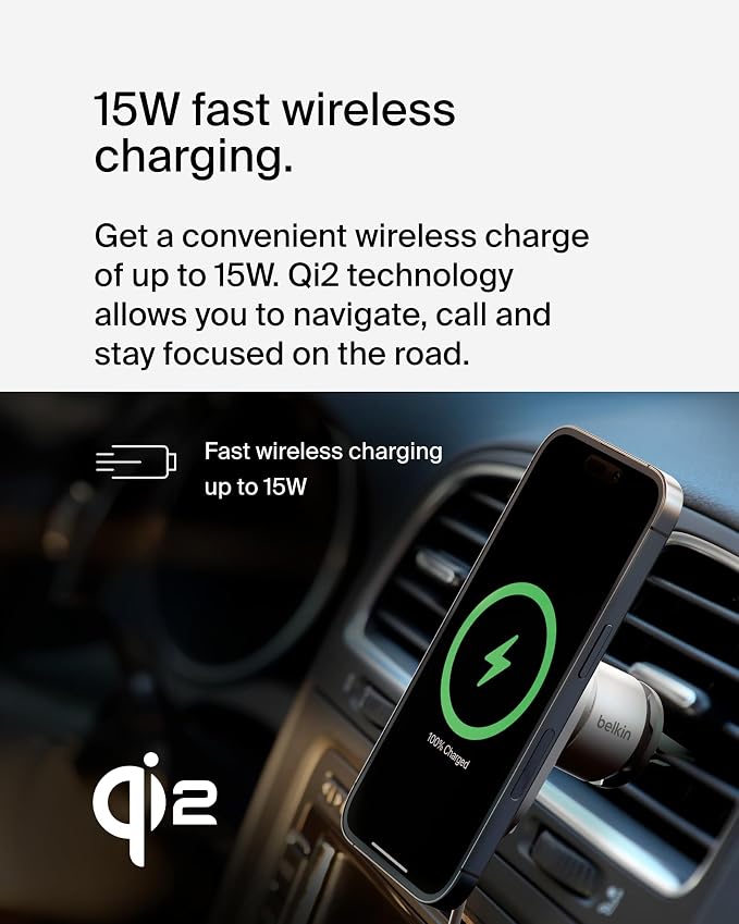 Belkin MagSafe-Compatible Wireless Car Charger 15W, Fast Charging Wireless Charger - Powerful Magnetic Vent Holder for iPhone 17, 16, 15, 14, 13 Series, Pixel 10, Secure Car Phone Mount - White