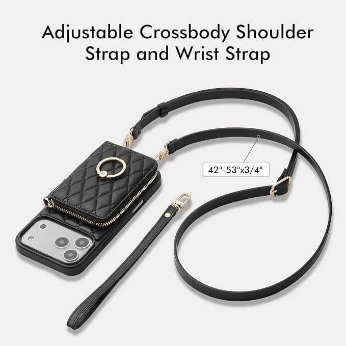 ZVE for iPhone 17 Pro Max Wallet Case for Women, Crossbody Purse with Wrist Strap Ring Holder Flip Cover 6.9 Inch-Black