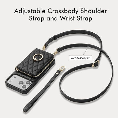 ZVE for iPhone 17 Pro Max Wallet Case for Women, Crossbody Purse with Wrist Strap Ring Holder Flip Cover 6.9 Inch-Black