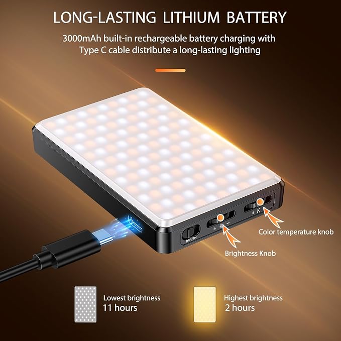 120 LED Video Light, Portable USB Photo Light Dimmable 2500-9000K CRI 95+ 5000mAh Battery with Tripod with Colored Filters and Clip, Photo Lamp for Phone/iPad/Laptop/Camera
