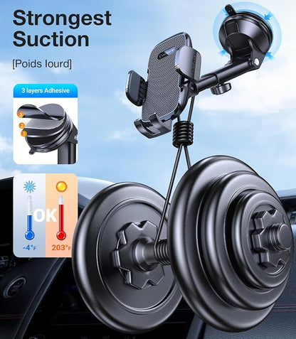 Coolpow 3-in-1 Car Phone Holder Mount【Strongest Suction & Military-Grade】Cell Phone Holders for Your Car Phone Holder Hands Free Camera Mount for for iPhone 17–12, Comfortable Natural Video Recording