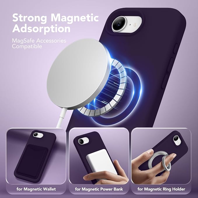 Magnetic for iPhone 17e/iPhone 16e Case, Compatible with MagSafe, [Soft Anti-Scratch Microfiber Lining] Slim Silicone Shockproof Protective Phone Case for iPhone 17e/16e 6.1", Deep Purple