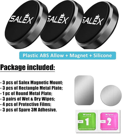 Magnetic Phone Mounts 3 Pack with 3M Adhesive. Black Flat Cell Phone Holder for Car Dashboard, Truck, Wall, Mirror, Table. Universal Low Profile Stick on Magnet Set for Tablet, Smartphone, Keys.