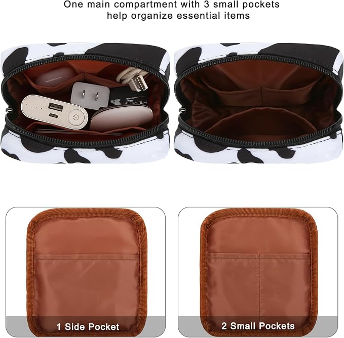 Tech Organizer Pouch, Small Multi-Pocket Electronics Case (Cow) | Water-resistant nylon, foam padding, metal zipper, travel cable bag for charger, power bank, earbuds, SD cards and USB cables