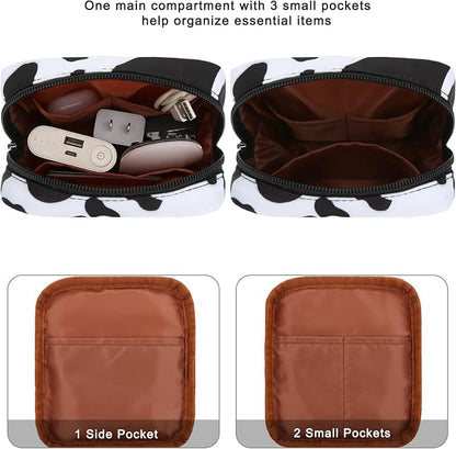 Tech Organizer Pouch, Small Multi-Pocket Electronics Case (Cow) | Water-resistant nylon, foam padding, metal zipper, travel cable bag for charger, power bank, earbuds, SD cards and USB cables