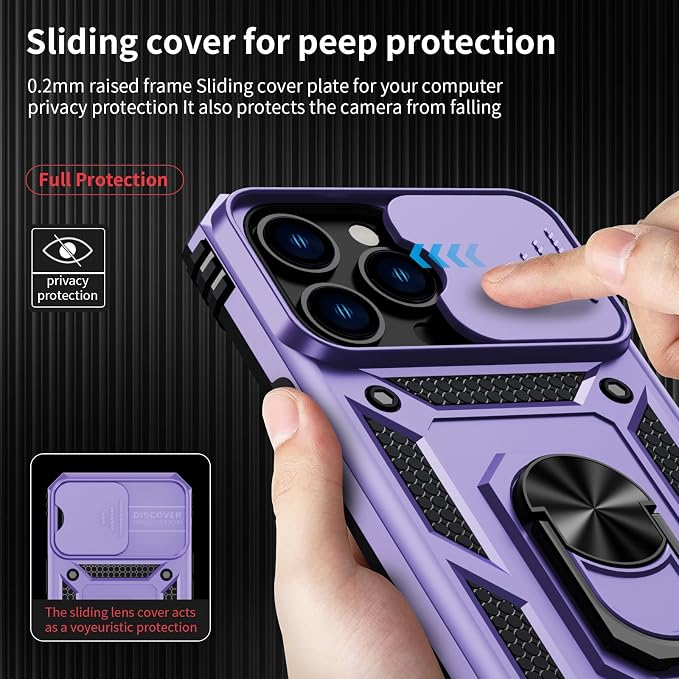 Weycolor for iPhone 13 Pro Case with Camera Lens Cover, HD Screen Protector, 10 FT Military Grade Drop Protection, Magnetic Ring Holder Kickstand Protective Phone Case for iPhone 13 Pro, Lavender
