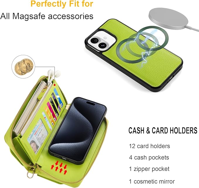 Crossbody Wallet Case for iPhone 16 6.1", Magnetic Detachable PU Leather Phone Case with RFID Blocking Card Holder Wristlet Mirror Flip Zipper Shoulder Purse Clutch for Women - Green