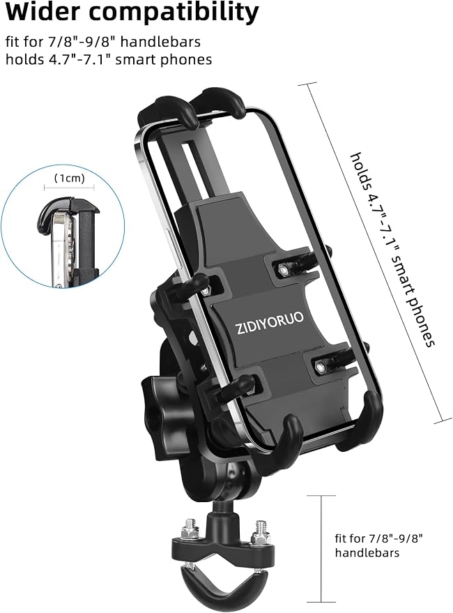ZIDIYORUO Motorcycle Phone Mount with Vibration Dampener, One-Hand Operation Bike Phone Holder Holds 4.7"-7.1" Cell Phones on Handlebar, ATV Cell Phone Holder for Bike Motorcycle Scooter ATV