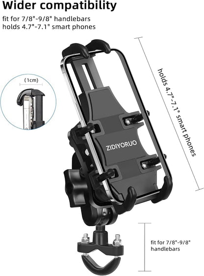 ZIDIYORUO Motorcycle Phone Mount with Vibration Dampener, One-Hand Operation Bike Phone Holder Holds 4.7"-7.1" Cell Phones on Handlebar, ATV Cell Phone Holder for Bike Motorcycle Scooter ATV