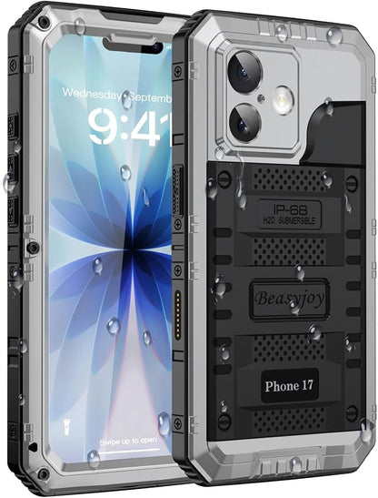 Beasyjoy for iPhone 17 Case Waterproof, Heavy Duty Metal Full Body Protection, Built-in Screen Protector, Military Grade Shockproof Dustproof Rugged Cover for iPhone 17 6.3 inch, Silver