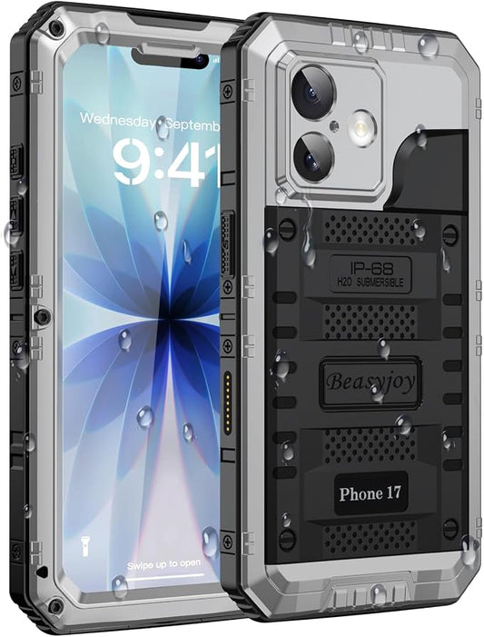 Beasyjoy for iPhone 17 Case Waterproof, Heavy Duty Metal Full Body Protection, Built-in Screen Protector, Military Grade Shockproof Dustproof Rugged Cover for iPhone 17 6.3 inch, Silver