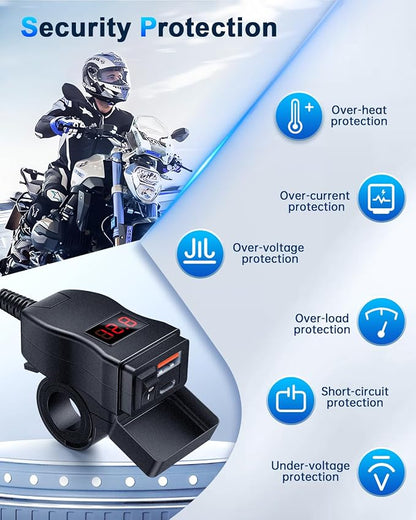 EXTRACTME Motorcycle USB Charger, Dual USB Type C PD & Quick Charge 3.0 Motorcycle Phone Charger with Voltmeter & ON/Off Switch, Waterproof Motorcycle Accessories for All Phone, Tablet, GPS