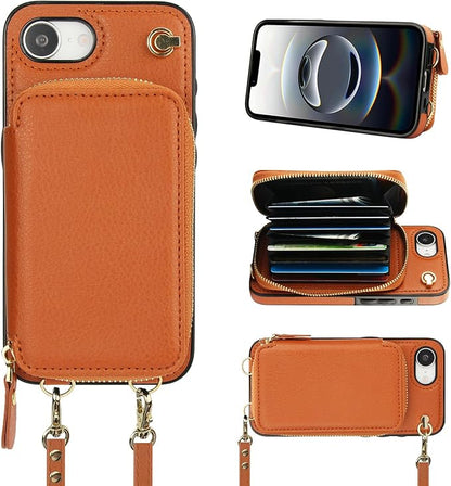 Bocasal Crossbody Wallet Case for iPhone 17e/16e, RFID Blocking Leather Purse Case with Card Holder, Protective Handbag Flip Cover with Zipper Wrist Strap Lanyard for Women 5G 6.1 Inch (Brown)