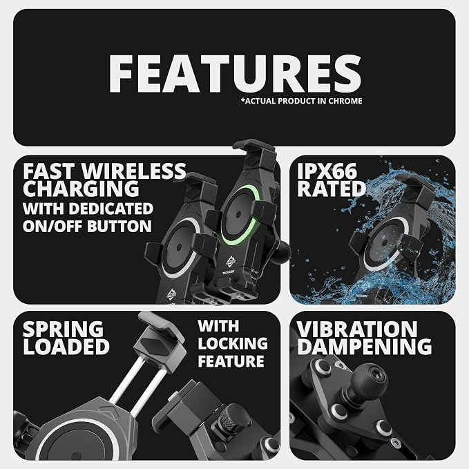 Tackform Aluminum Motorcycle Adventure Phone Mount - Vibration Dampening and Wireless Charging | Fits 7/8" to 1-1/4" Handlebars | Compatible with iPhone, Galaxy, More | Short Reach Arm | Chrome