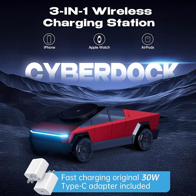 CyberDock 3-in-1 Wireless Charging Station, Cybertruck 1:25 Scale Charger with Qi2 Certified 15W Charging for iPhone iWatch AirPods, Magnetic Rotating Charger with Ambient Light, 30W Adapter, Red
