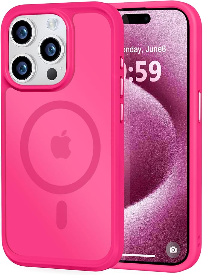 MOCCA Strong Magnetic for iPhone 15 Pro Case, [Compatible with Magsafe][13FT Military Drop Protection] Slim Translucent Matte Shockproof Case for iPhone 15 Pro Phone Case 6.1'', Hot Pink