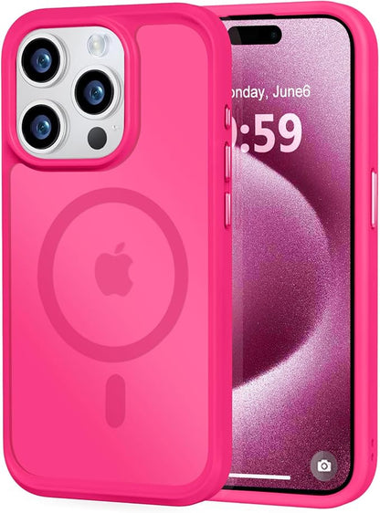 MOCCA Strong Magnetic for iPhone 15 Pro Case, [Compatible with Magsafe][13FT Military Drop Protection] Slim Translucent Matte Shockproof Case for iPhone 15 Pro Phone Case 6.1'', Hot Pink