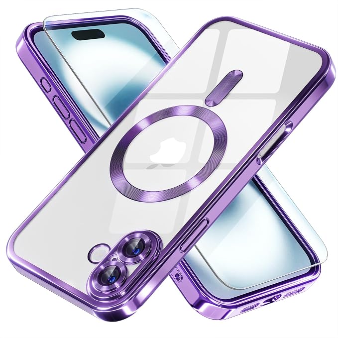 Misea Magnetic for iPhone 16 Plus Case Compatible with MagSafe [Never Yellowing] [Military Grade Drop Protection] Full Camera Lens Protector Plating Soft Clear Phone Case for Women 6.7", Deep Purple