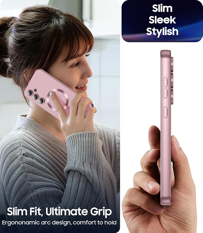 Magnetic for Samsung Galaxy S25 FE Case [Compatible with MagSafe][Built-in Camera Lens Protector] Slim Soft Silicone Bumper Shockproof Metallic Luster Phone Case, Rose Gold