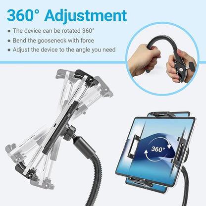 Metal Gooseneck Spin Bike Tablet Holder, Fit for 6.1-15.6" Devices, Adjustable Handlebar Mount for Indoor Cycle, Stationary Bicycle, Elliptical, Peloton, Compatible with iPad Pro/Air/Mini