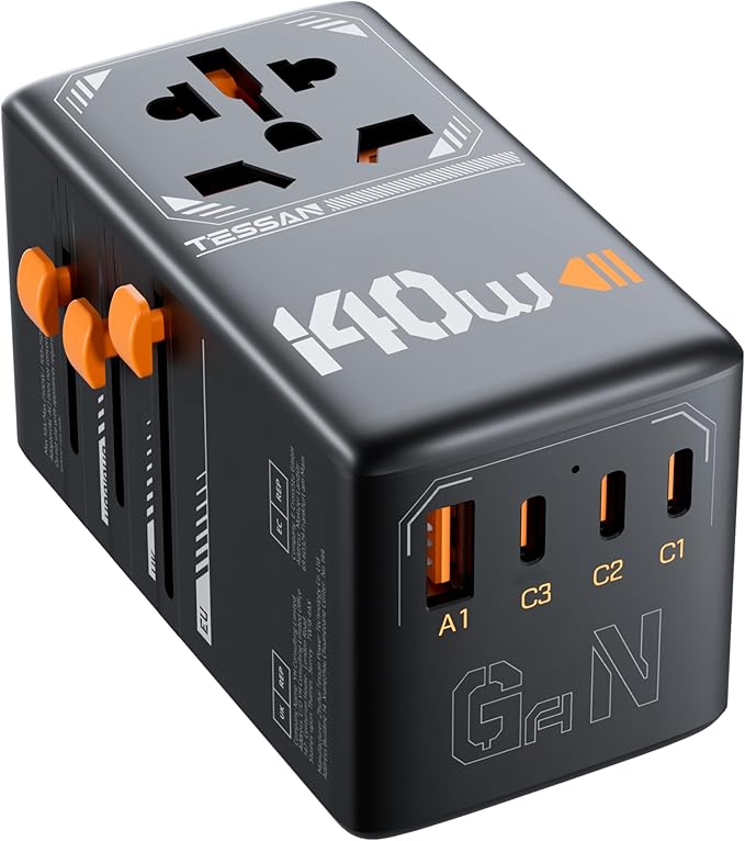 TESSAN Universal Travel Adapter, 140W GaN, Black | International Plug Adaptor, 3 USB C and 1 USB A Charging Ports, Worldwide Power Outlet, US to Europe UK AUS Ireland