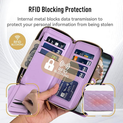 Rssviss Crossbody Case for iPhone 17 Pro Case Wallet, RFID Blocking Leather with Card Holder Kickstand, Handbag Zipper Flip Cover with Wrist Strap for iPhone 17 Pro Men Women 6.3", Purple