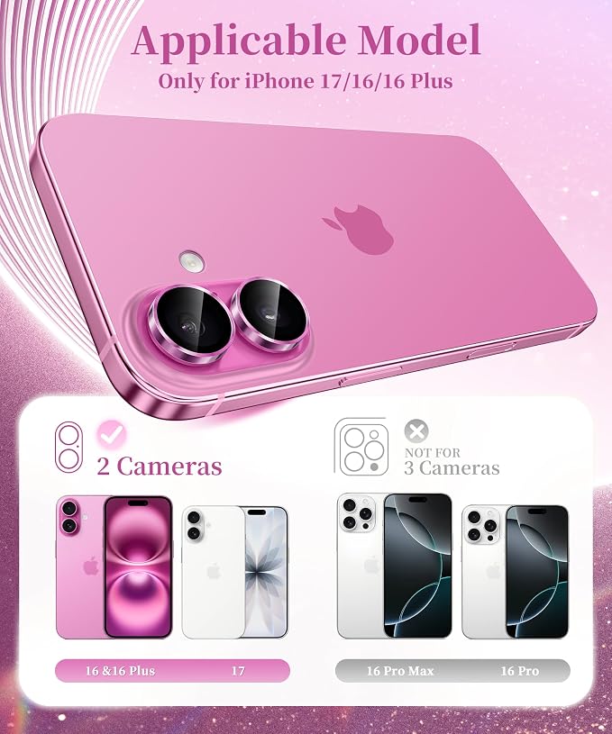 GolbinBox Camera Lens Protector for iPhone 17/16/16 Plus, 1:1 Invisible Fit, 9H Tempered Glass Ultra HD Metal Individual Camera Cover, Case Friendly, Hot Pink
