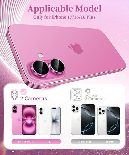 GolbinBox Camera Lens Protector for iPhone 17/16/16 Plus, 1:1 Invisible Fit, 9H Tempered Glass Ultra HD Metal Individual Camera Cover, Case Friendly, Hot Pink