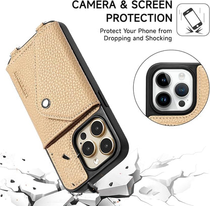 LUCKYCOIN for iPhone 15 Pro Max Crossbody Wallet Case – Genuine Leather Phone Purse with Adjustable Strap and Card Holder,Lanyard Phone Purse Case for Women,Pebble Grain Beige