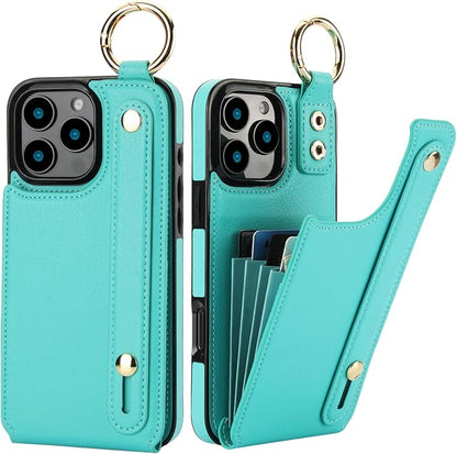 Folosu for iPhone 16 Pro Max Wallet Case with Card Holder, Hand Wrist Strap Loop Holder Kickstand, RFID Blocking Finger Grip Ring PU Leather Double Buttons Shockproof Cover 6.9" Green