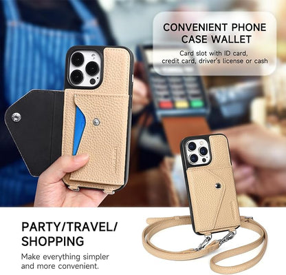 LUCKYCOIN for iPhone 14 Pro Crossbody Wallet Case – Genuine Leather Phone Purse with Adjustable Strap and Card Holder,Lanyard Phone Purse Case for Women,Pebble Grain Beige