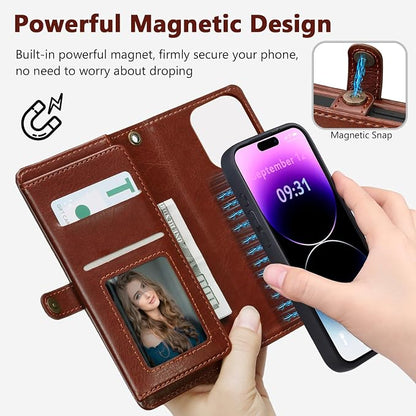 Wallet Case for iPhone 14 Pro with Card Holder/Crossbody Wallet/Strap| RFID Blocking | Magnetic | Kickstand | Detachable | PU Leather Phone Case for iPhone 14 Pro,6.1 in,Brown