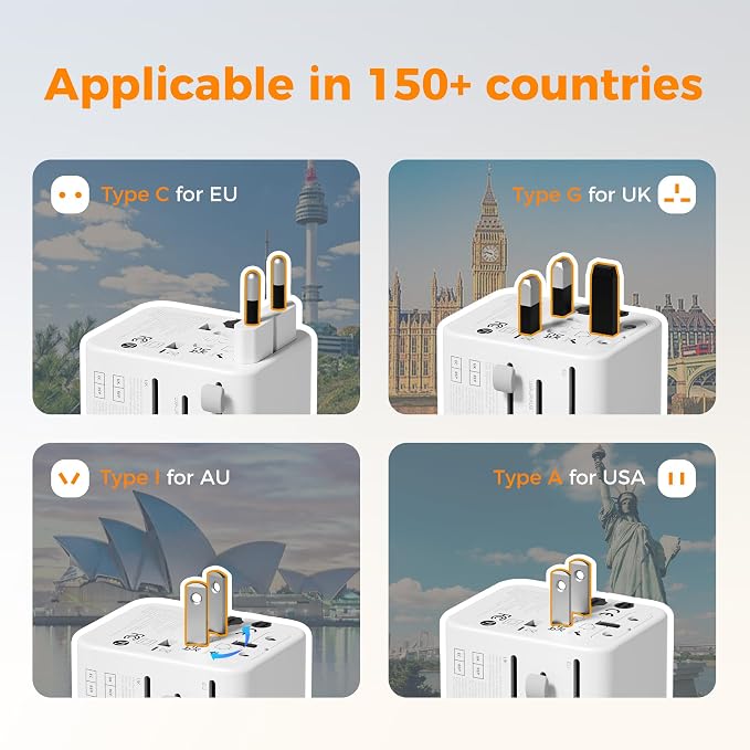 TESSAN Universal Travel Adapter, Power Adapter Worldwide | Extra 2 Prong AC Outlet, 4 USB Ports (2 USB C), US to Europe Italy UK Australia Ireland, Type C G A I