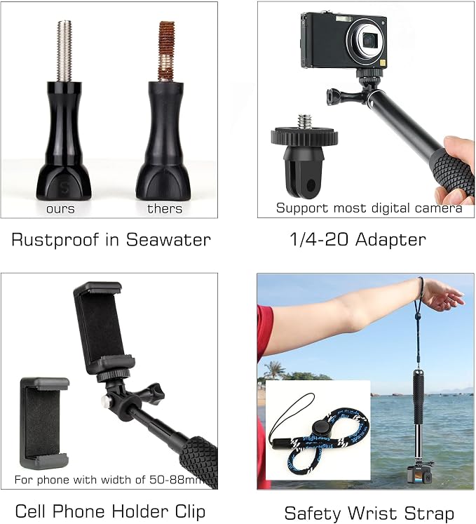 GEPULY Waterproof Selfie Stick Pole Hand Grip Adjustable Underwater Monopod for GoPro Hero 13 12 11 10 9 8 7 6 5 AKASO DJI OSMO 6 5 Pro Action Camera Black