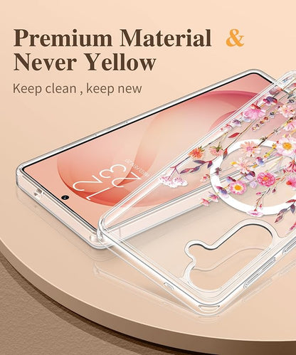 GVIEWIN for Samsung Galaxy S26 Plus Case Compatible with MagSafe, Clear Floral Shockproof Protective Women Phone Case, Non-Yellowing, Screen&Camera Lens Protector for S26 Plus 6.7",Floratopia/Orange