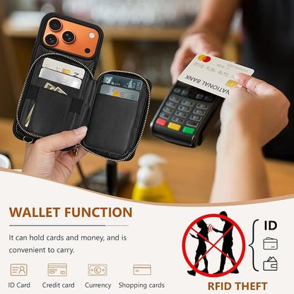 Keallce Case for iPhone 17 Pro Max 6.9'' Wallet Case, Crossbody Zipper Purse with RFID Blocking Card Slots Kickstand, Lanyard & Handstrap Flip Leather Cover for iPhone 17 Pro Max, Black