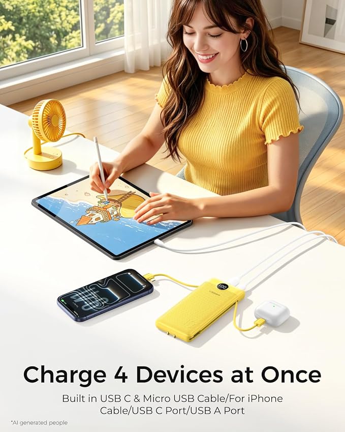 VEGER Portable Charger with Built-in AC Plug and Cables, All in One 10000mAh Ultra Slim Power Bank Travel Essentials, USB C External Battery Pack Compatible with iPhone, Samsung, More, Yellow